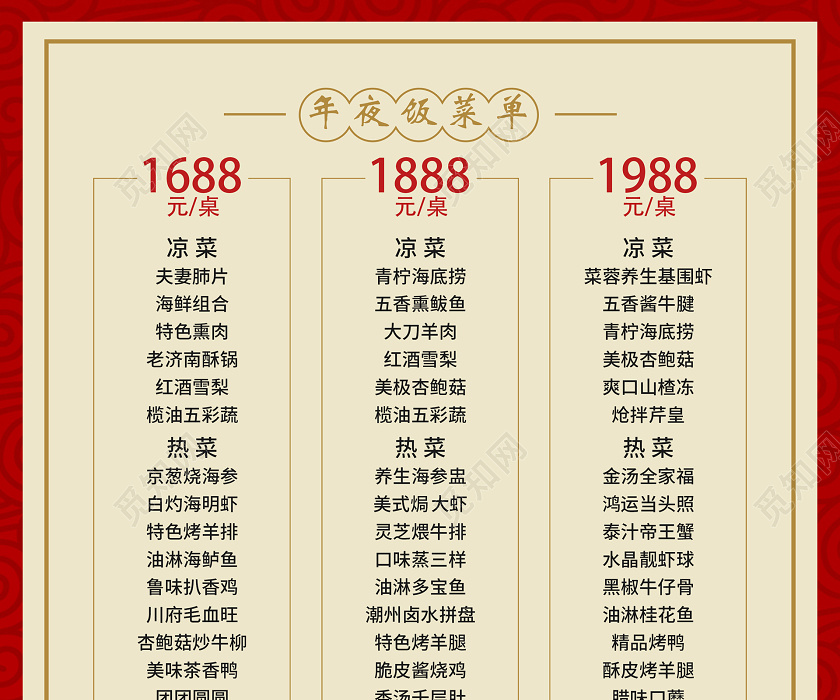 2020年夜饭除夕夜菜单创意红色喜庆中国风宣传单年夜饭菜单