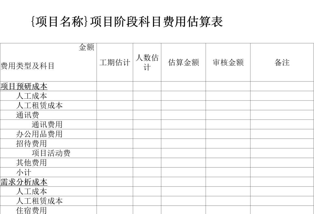 項目成本核算明細表格素材下載